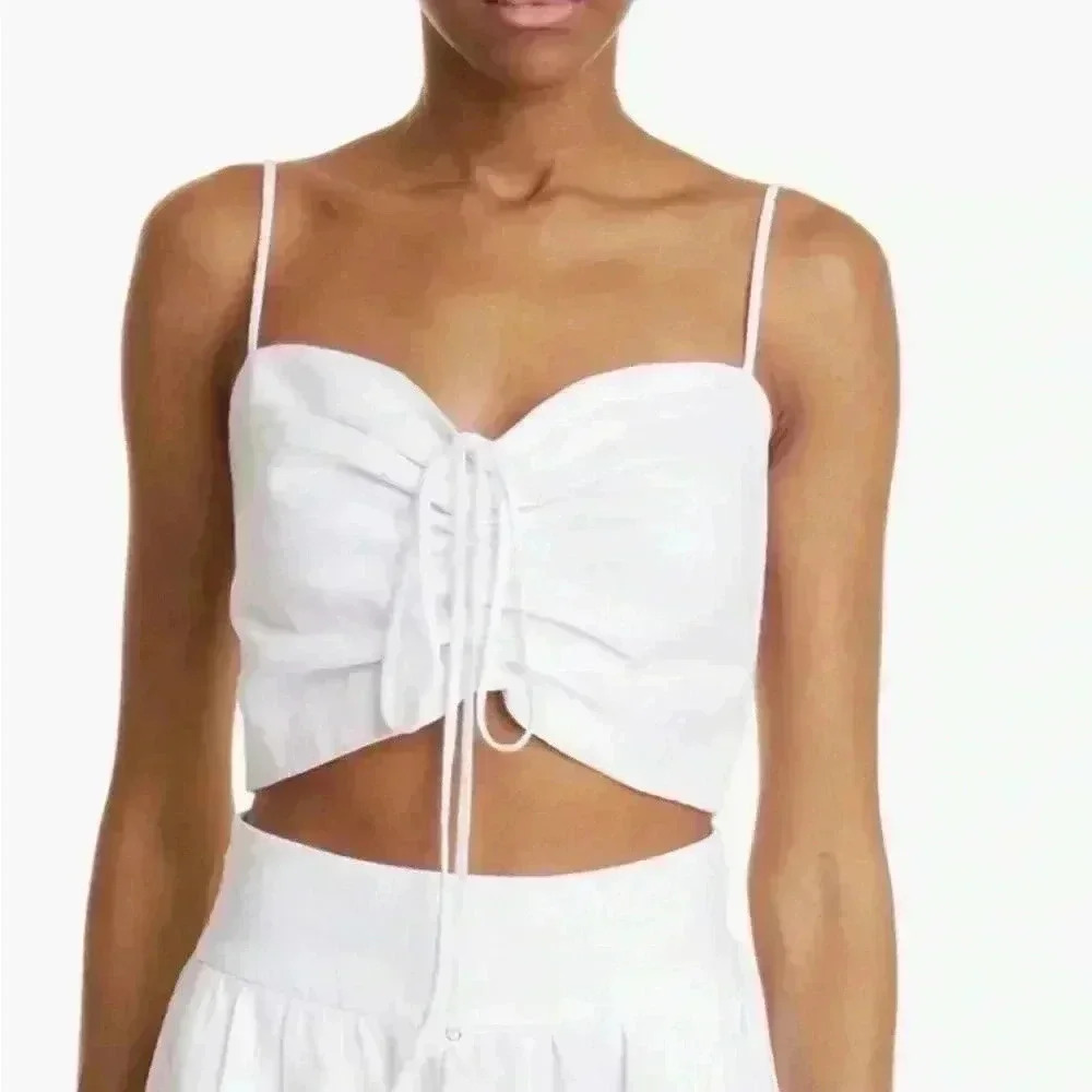 Cara Cara White Linen Crop Top M Maidstone Cami Strappy Tank Ruched Tie Sinched